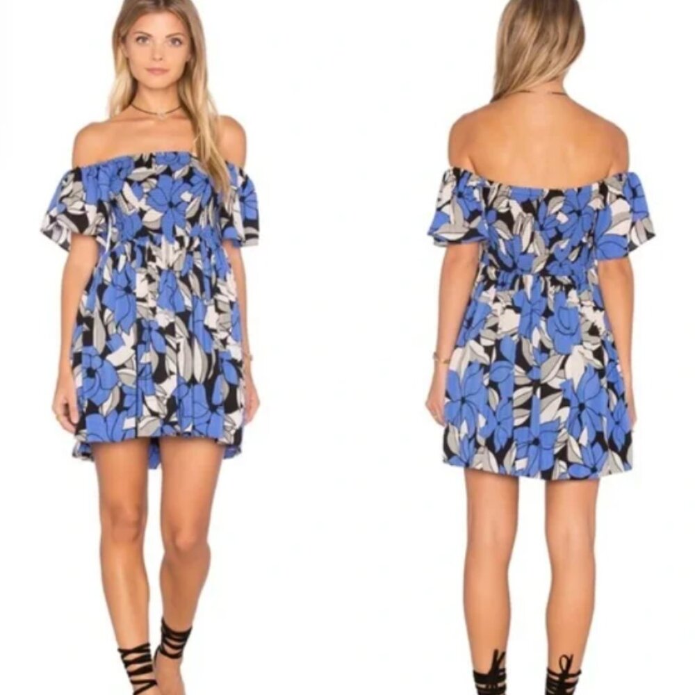 Free People Louise Smocked Dress In Blue/Black Hawaiian print